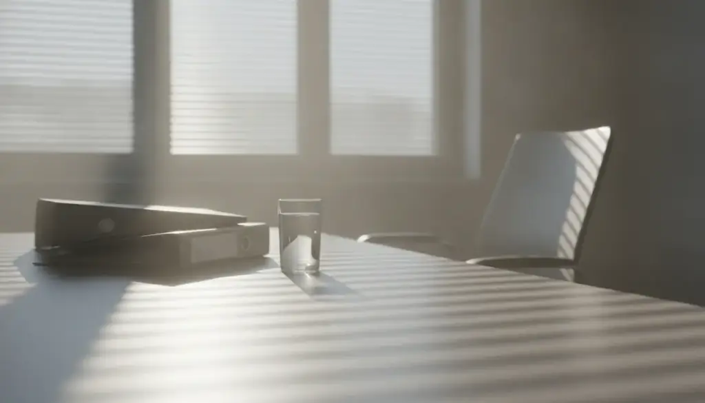 An empty chair, a stack of case folders and a glass of water on a meeting table in slatted morning light