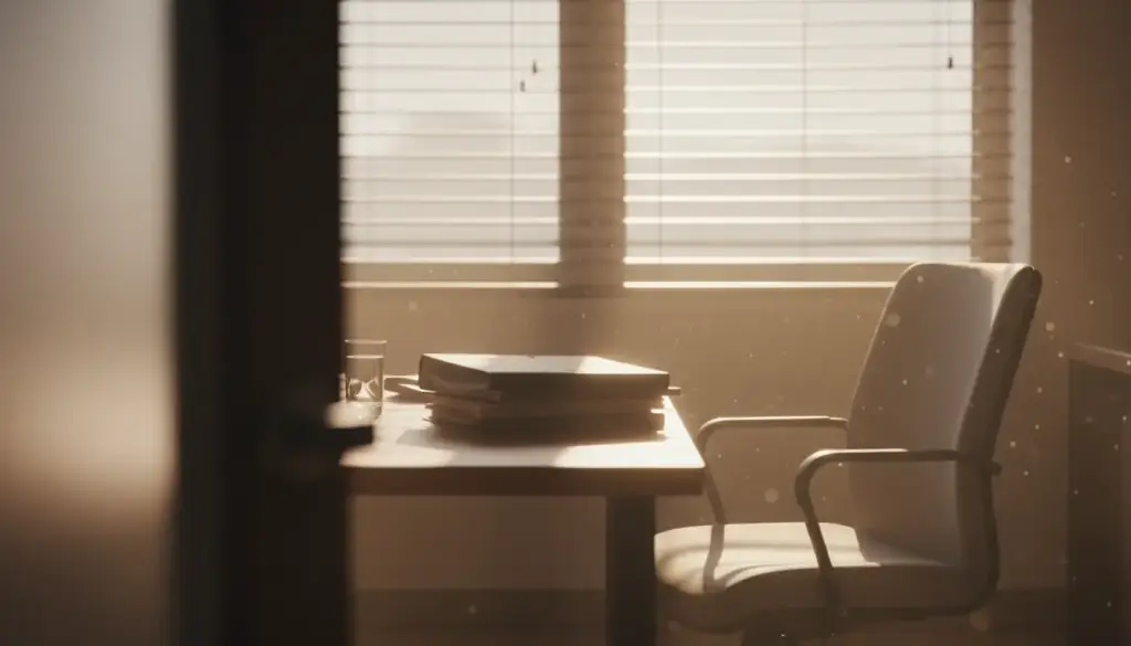 Morning light through fine blinds across a plain desk edge in a quiet office