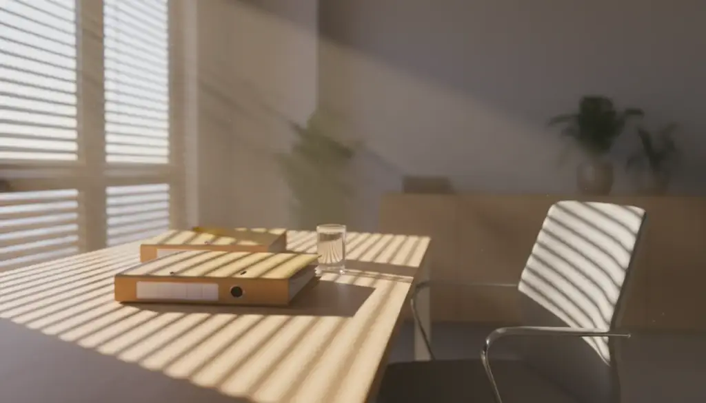Quiet office interior in soft morning light, closed folders stacked at the edge of a desk