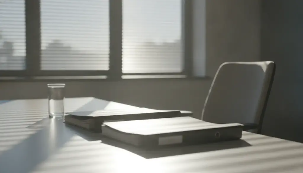 Long slats of morning light across a plain desk edge in a quiet professional office