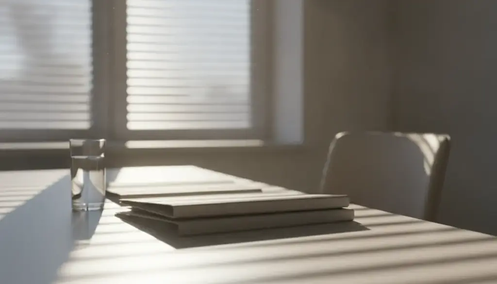 A single chair turned toward a window with fine blinds in a still, empty office